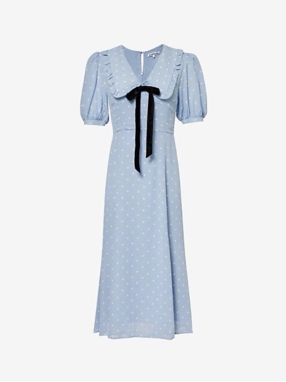 New Reformation Blue Puff-Sleeve Polka Dot Midi Dress with Bow size 10 - Picture 1 of 2